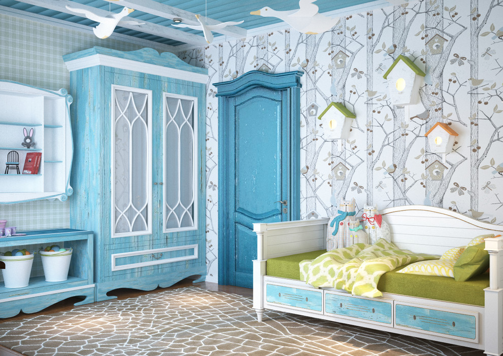Kids room for a girl in light blue colors - 3D vizualization