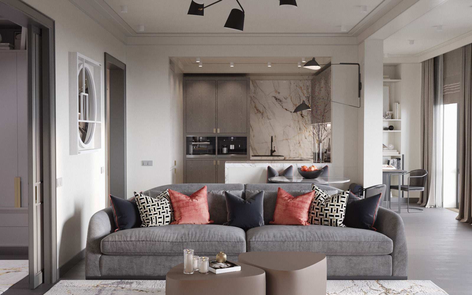 Монохромный интерьер с яркими акцентами