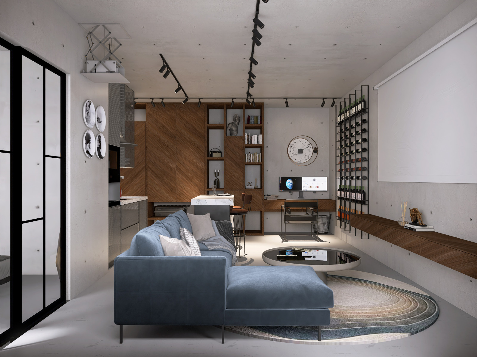 Однокомнатная квартира в стиле Industrial для режиссера с большим псом