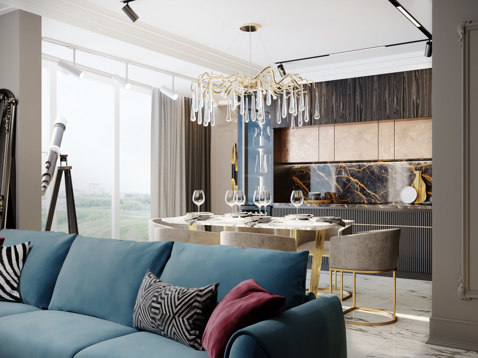 Эклектичная кухня-гостиная