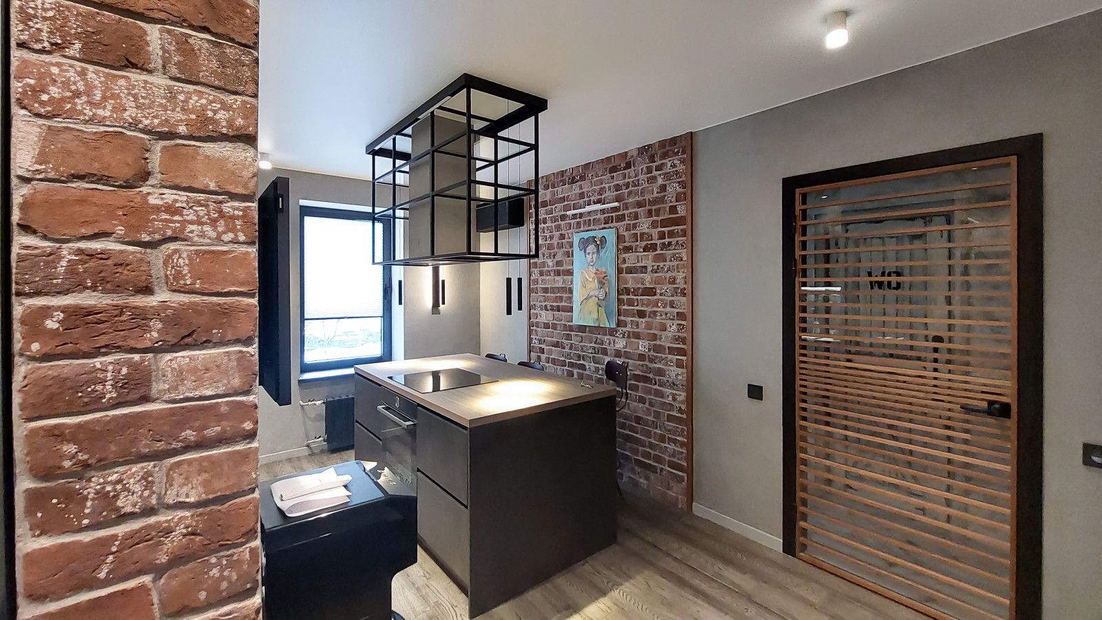 Лофт в квартире фотографа: кухня и холл, 103 кв. м.