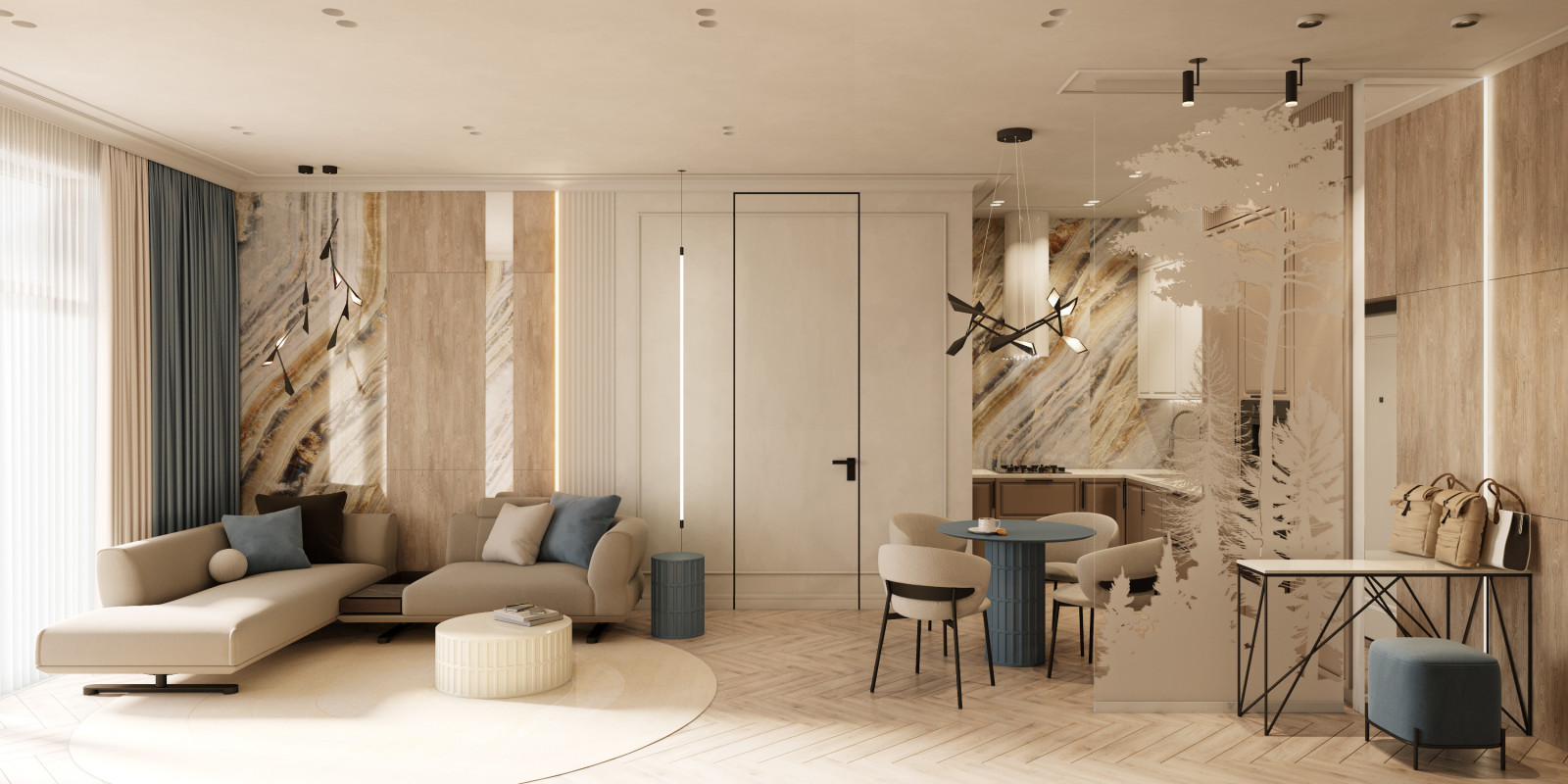 Стеклянная перегородка между прихожей и кухней с пескоструйным рисунком