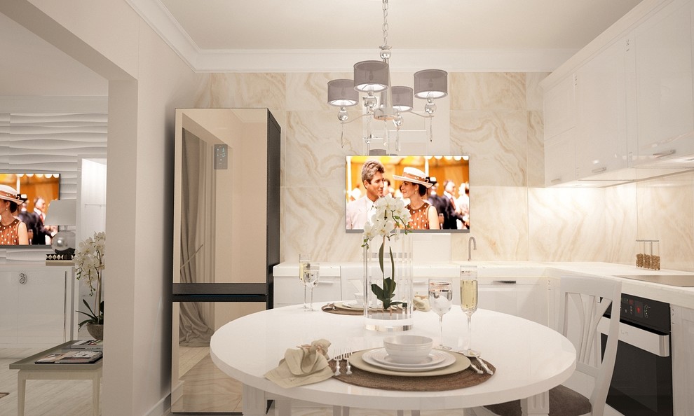 Классические мотивы в современном интерьере кухни-гостиной.