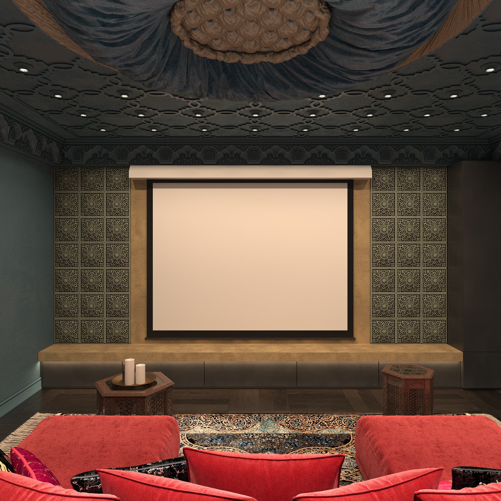 Интерьер Кинозала в цокольном этаже загородного дома в Восточном стиле