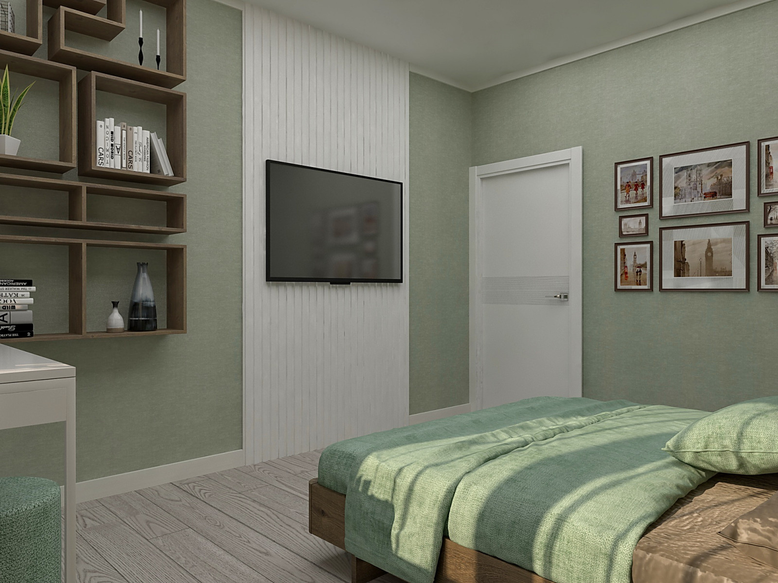 Спальня с системой хранения в изголовье кровати