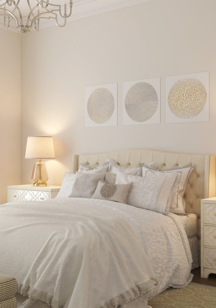 Transitional style beige bedroom with elegant style details