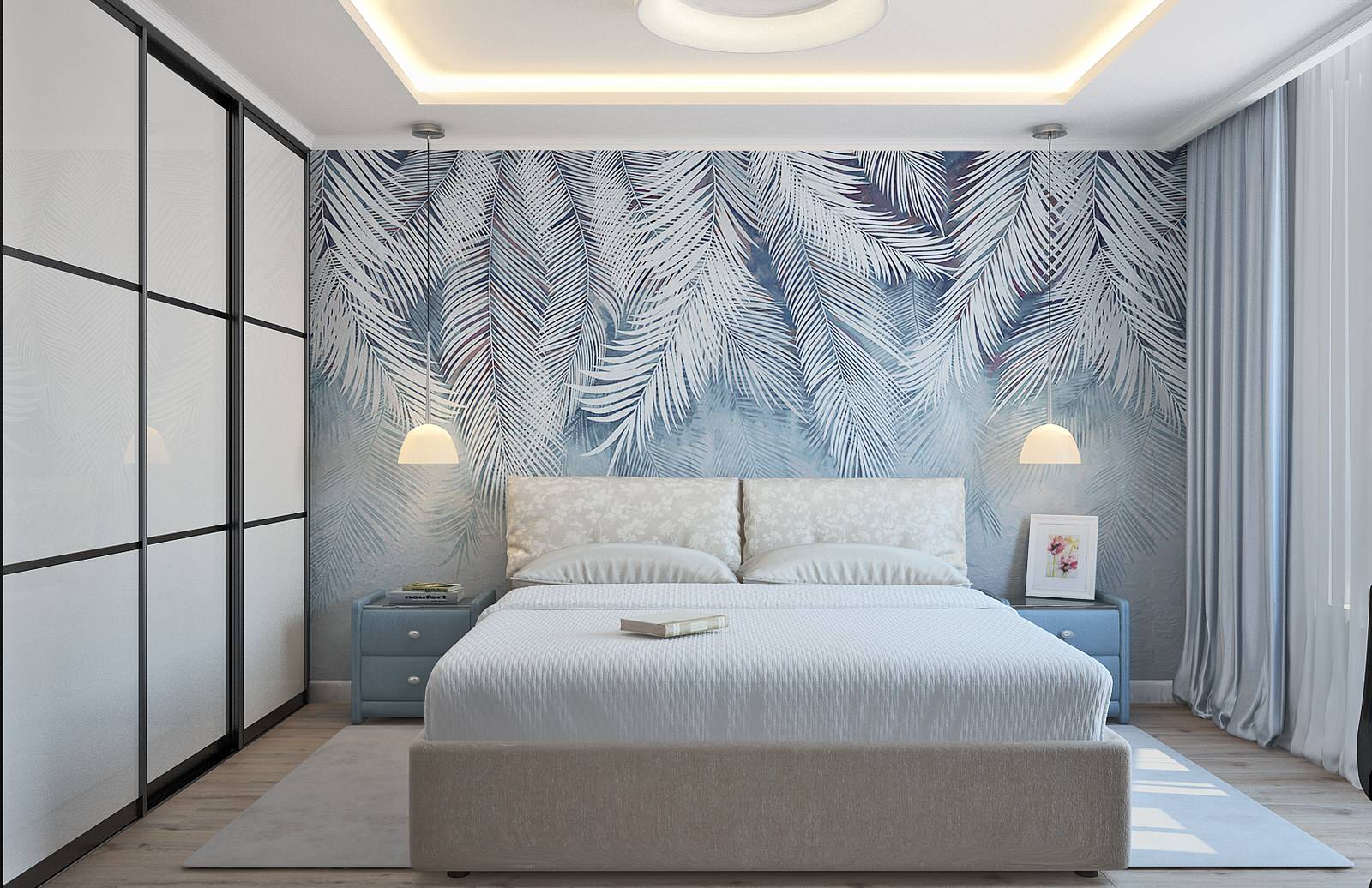 Спальня в светло-голубых тонах.