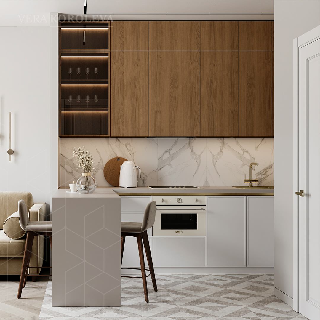 Небольшая кухня в современном стиле с барной стойкой