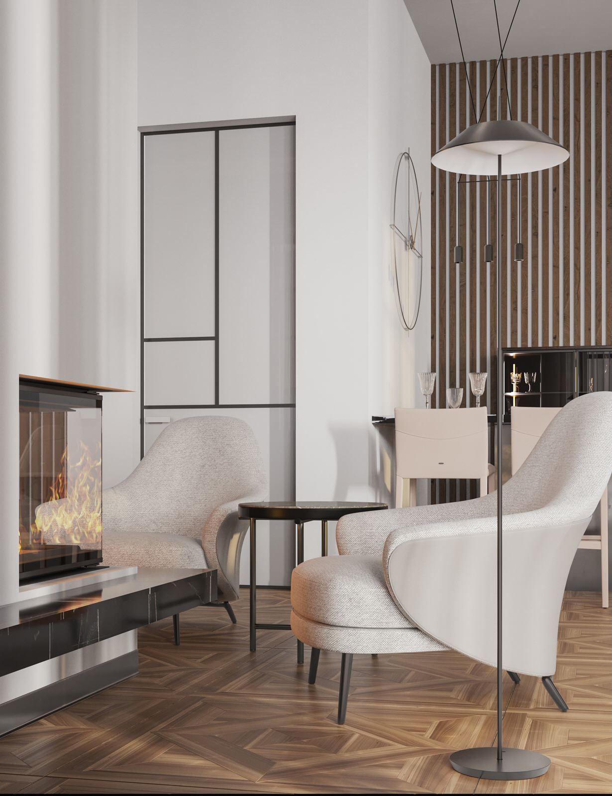 ВИЗУАЛИЗАЦИЯ ГОСТИНОЙ С КАМИНОМ ДЛЯ ПРОЕКТА ЧАСТНОГО ДОМА