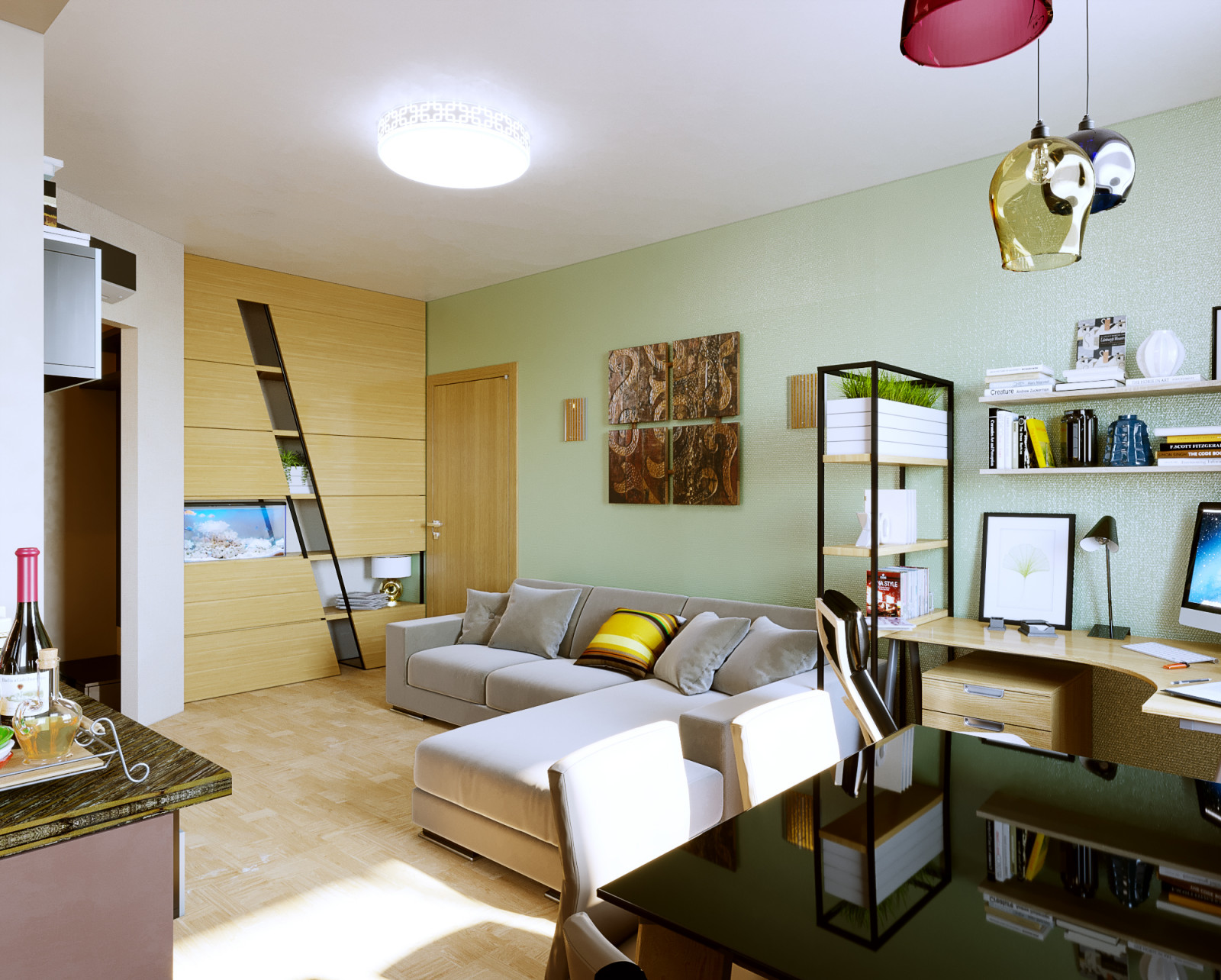 Гостиная в современном стиле общая с кухонной зоной