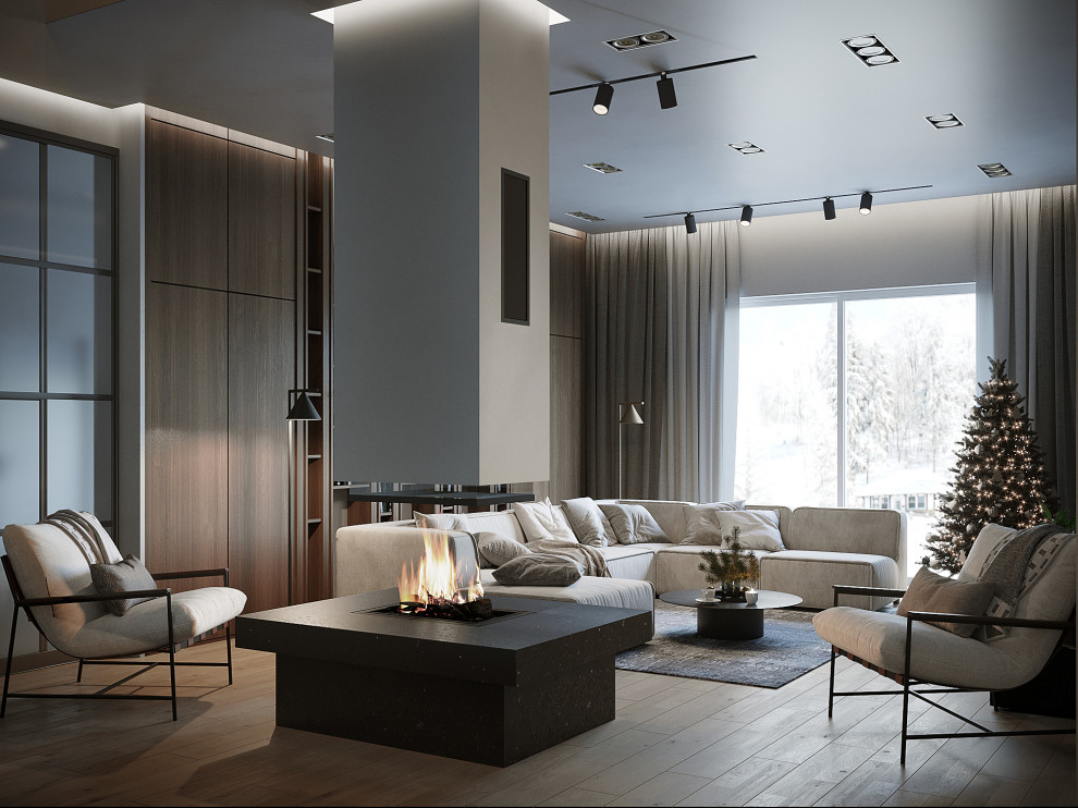 Вид на камин и диванную зону.