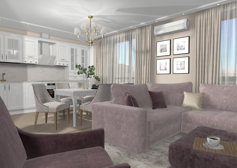 Гостиная с белой кухней