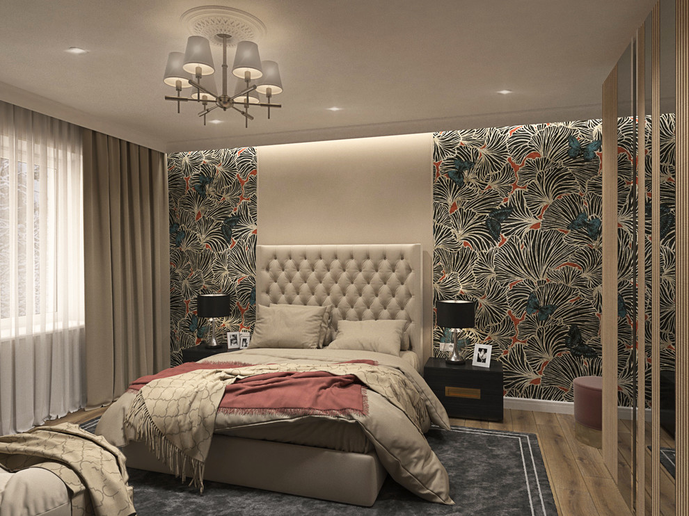 Спальня в бежевых тонах с бабочками