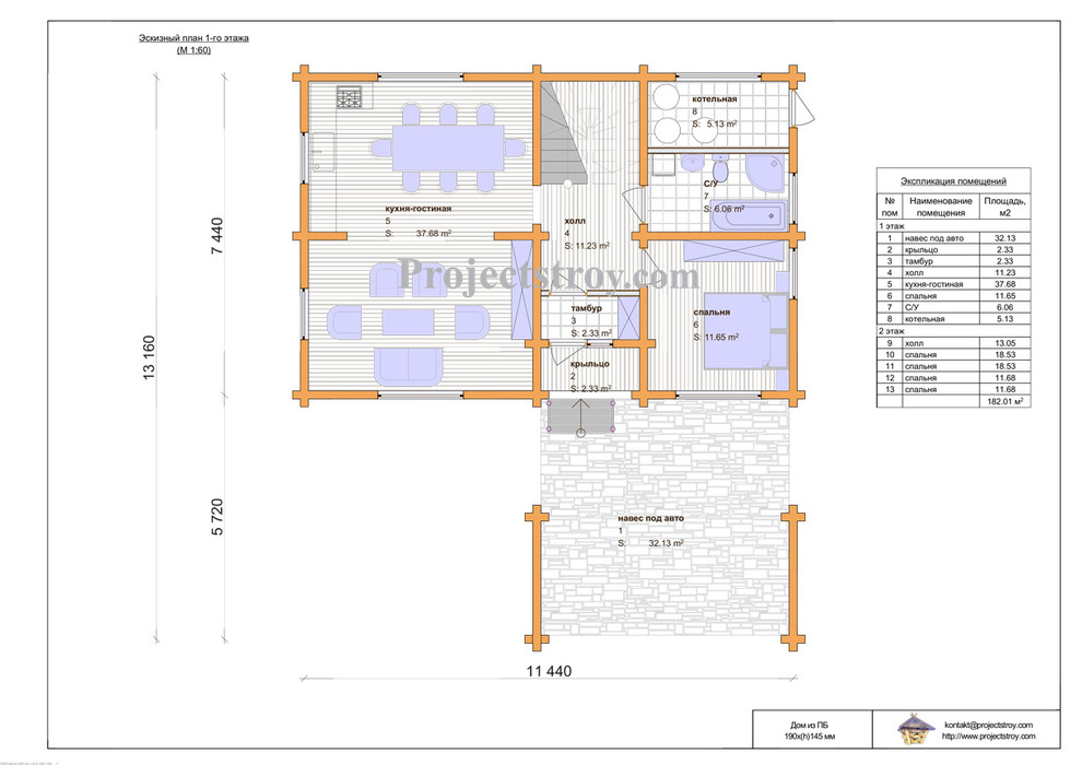 Дом из бруса профилированного с навесом под автомобиль