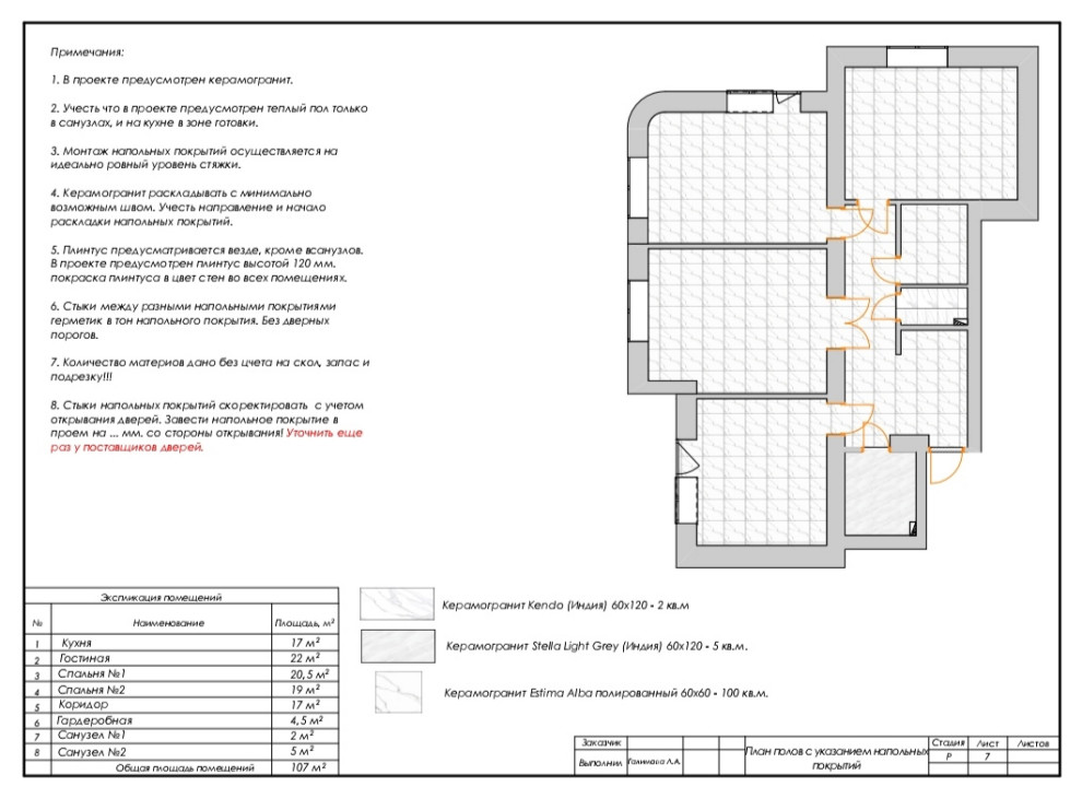 План полов с указанием напольных покрытий