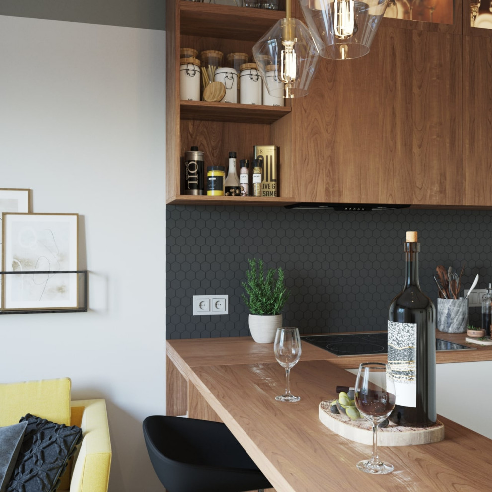 Лимонный меланж: солнечная и уютная кухня-гостиная.