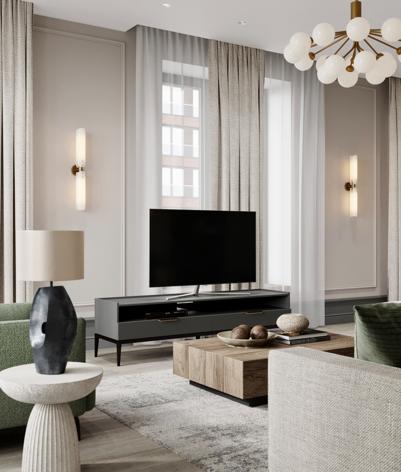 Элегантный интерьер в серо-зеленых оттенках