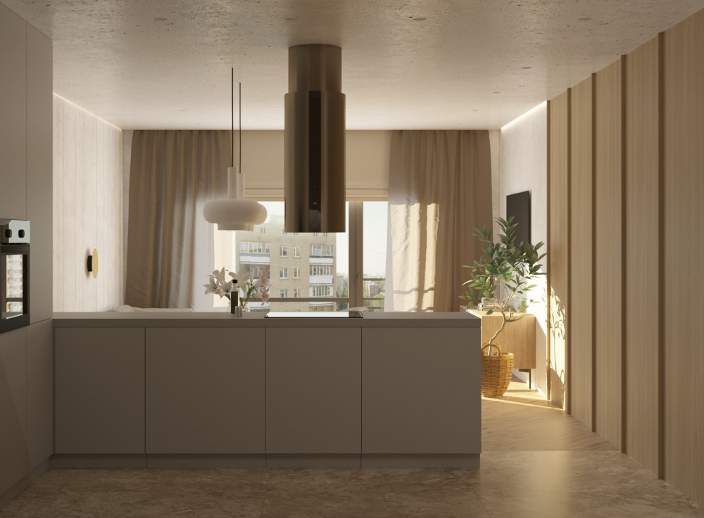 Кухня-гостиная в стиле джапанди из дизайн-проекта в ЖК Hill8, Москва