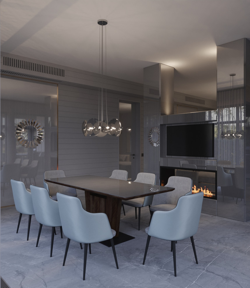 Столовая с камином в проекте загородного дома