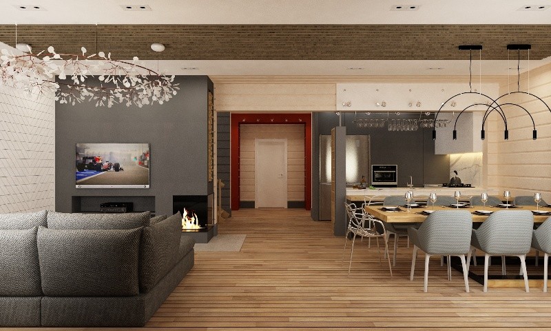 Интерьер в загородном доме из оцилиндрованного бруса.