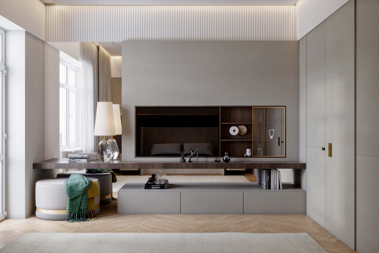 Спальня, ТВ тумба и интегрированный макияжный столик