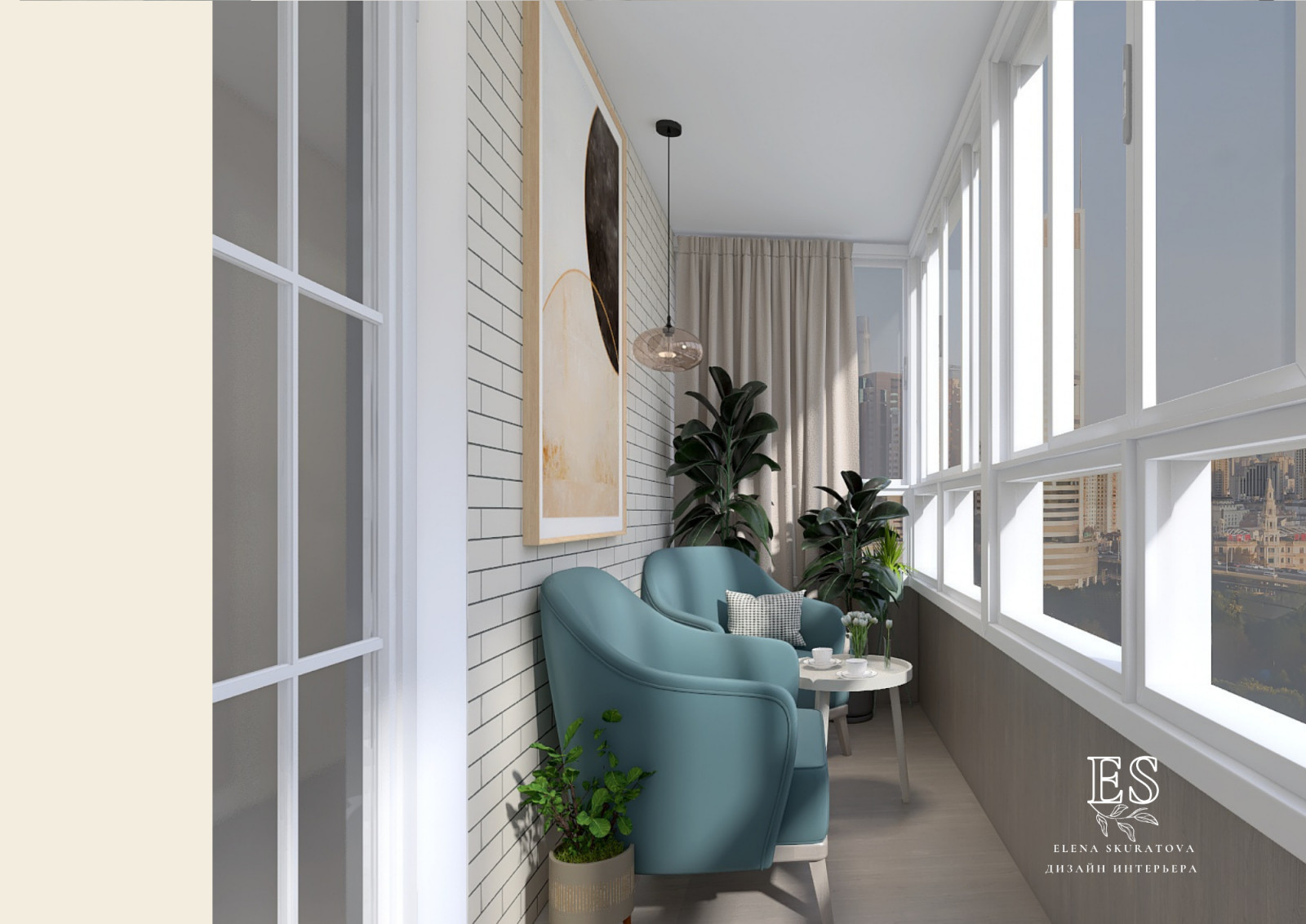 Квартира в бежевых оттенках с голубыми акцентами