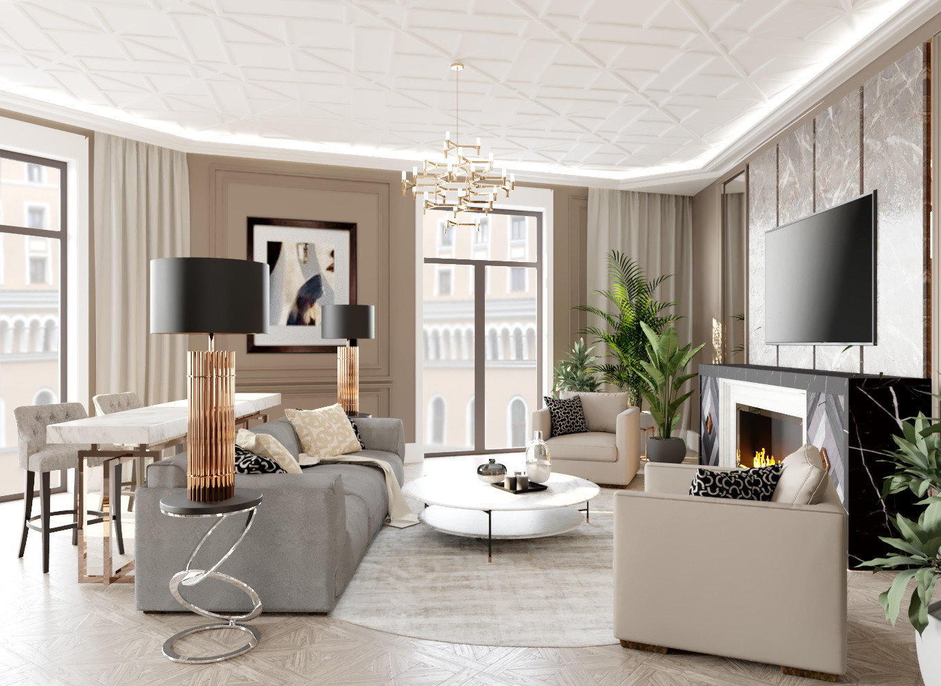 Концепт гостиной с камином