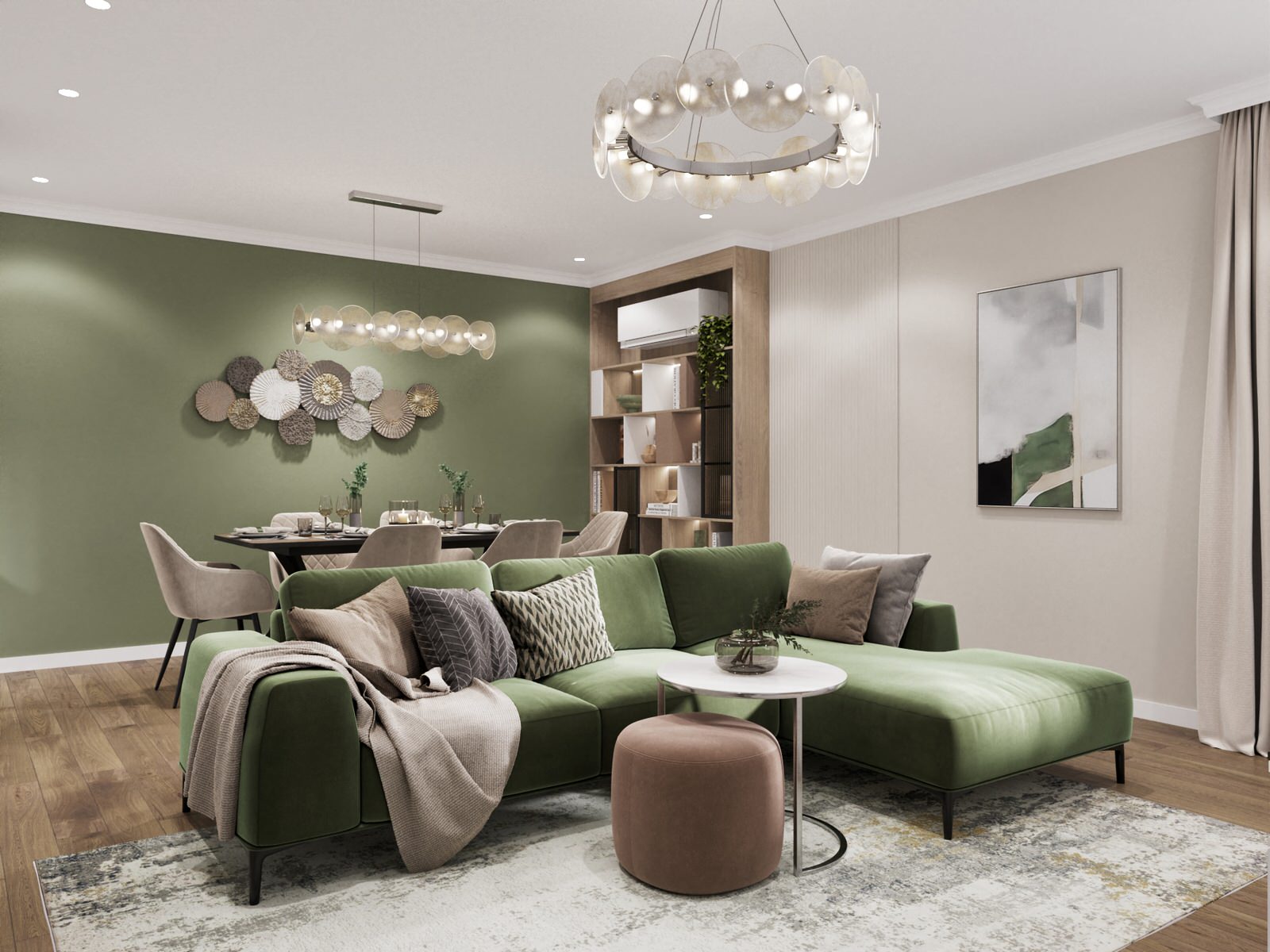 Гостиная с зеленым диваном