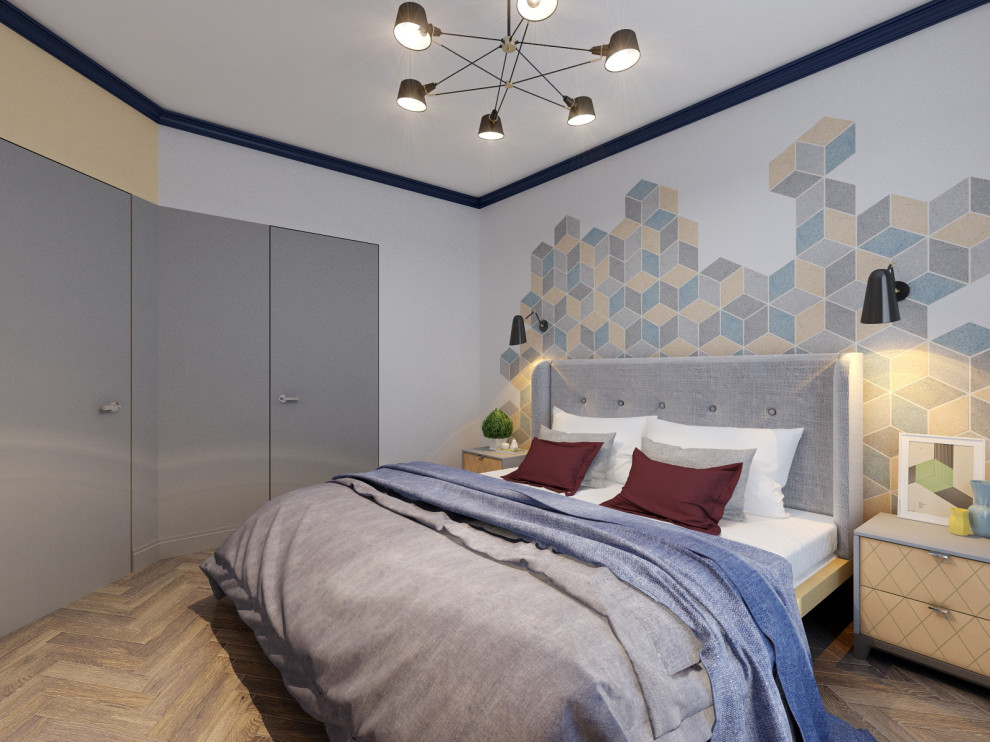 Спальня с синими карнизами и пробковым панно за изголовьем