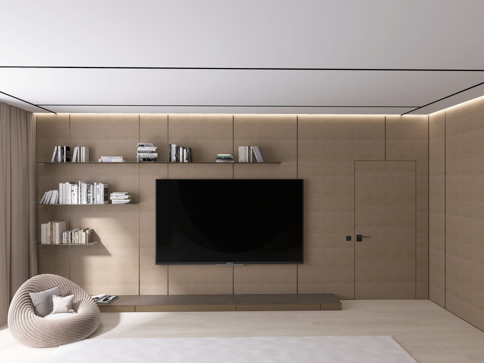 Мастер-блок с собственным гардеробом, необычным полками для книг и ковром на всю