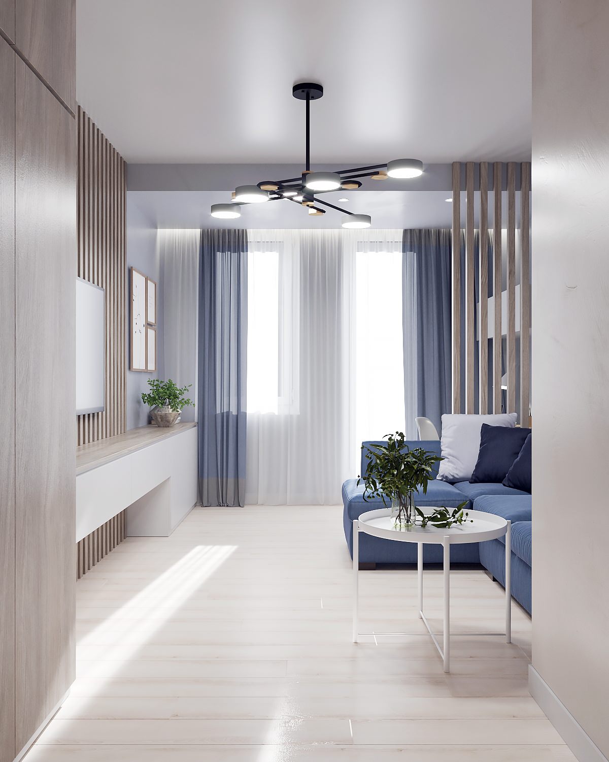 Уютная и светлая гостиная с рабочим местом