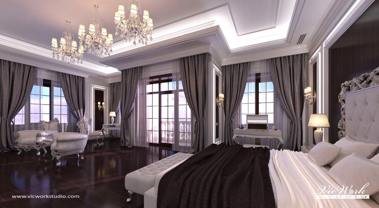 Luxury neoclassical bedroom interior. Bedroom in the H Residence