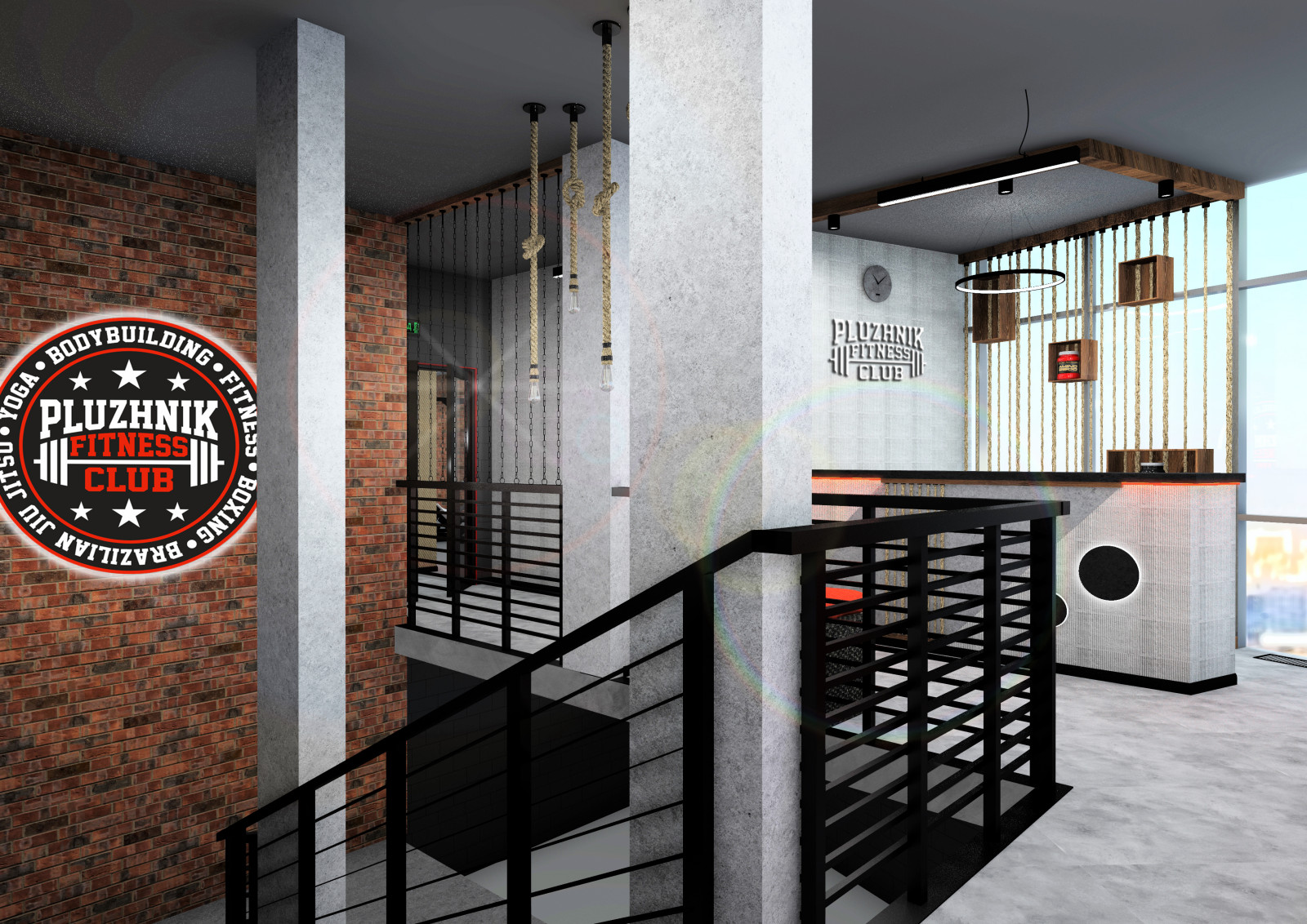 Обложка проекта: эскиз интерьера фитнес клуба для сети PLUZHNIK FITNESS CLUB