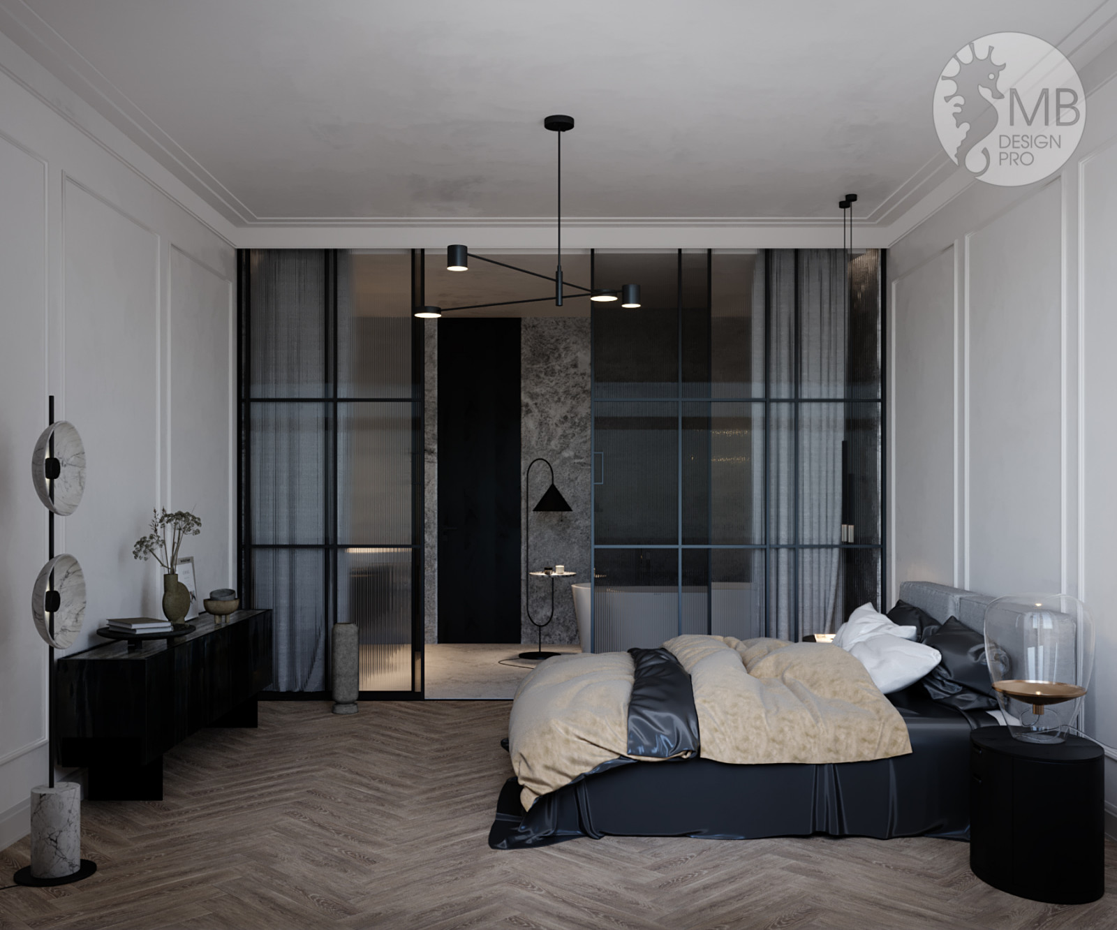 Gray stone. Спальня, совмещенная с ванной комнатой