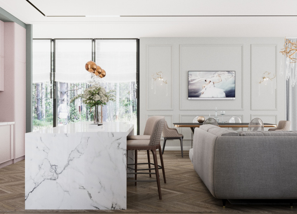 Проект интерьера общей зоны современного коттеджа