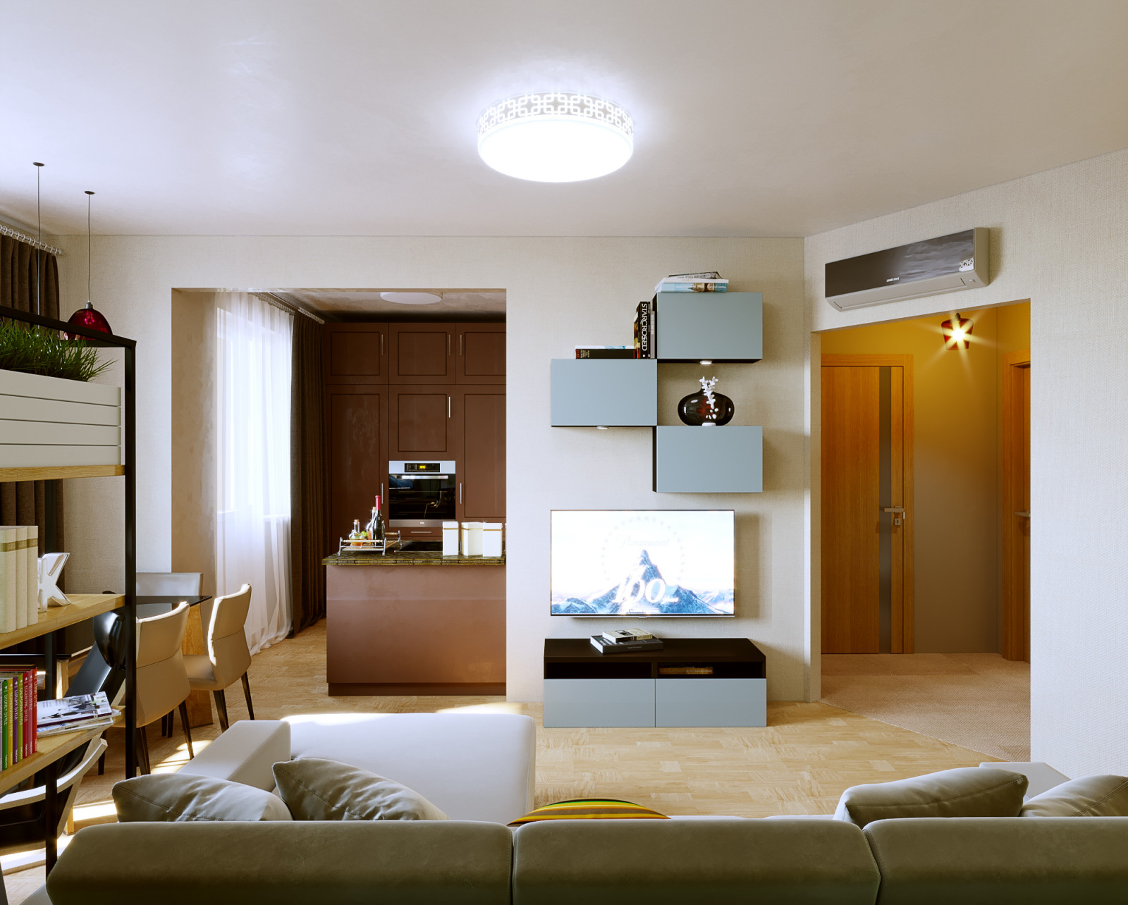 Гостиная в современном стиле общая с кухонной зоной