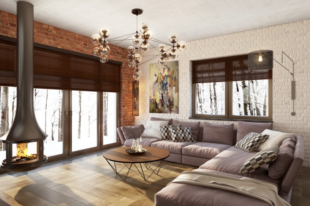 Диванная зона с камином и выходом на террасу