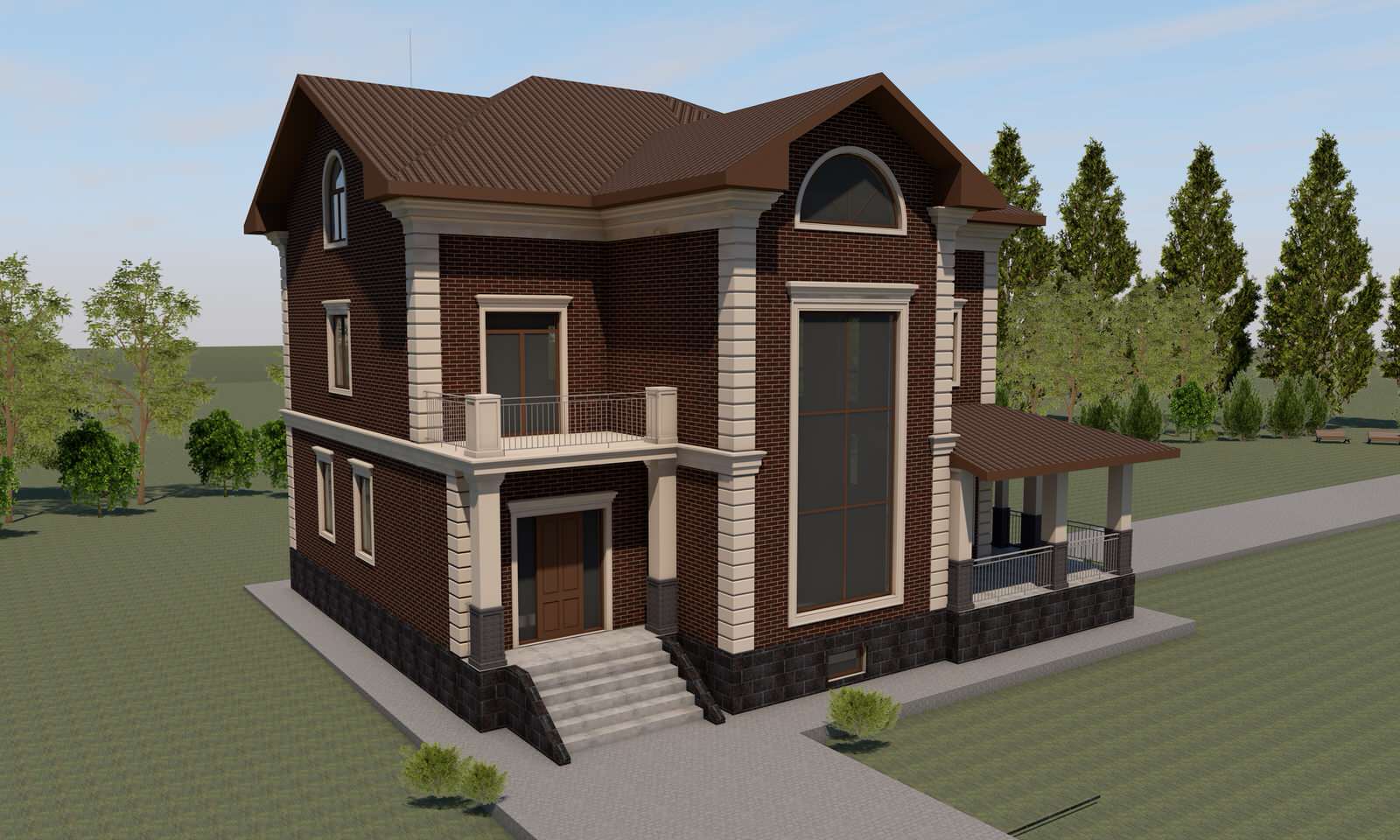 Фасады загородного дома и гаража в коттеджном поселке