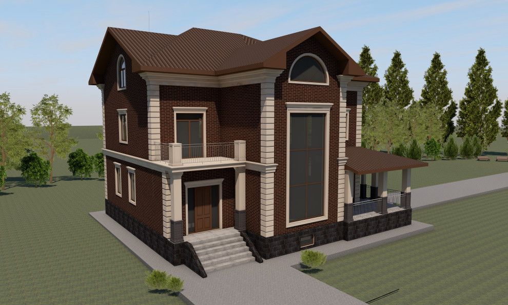 Фасады загородного дома и гаража в коттеджном поселке