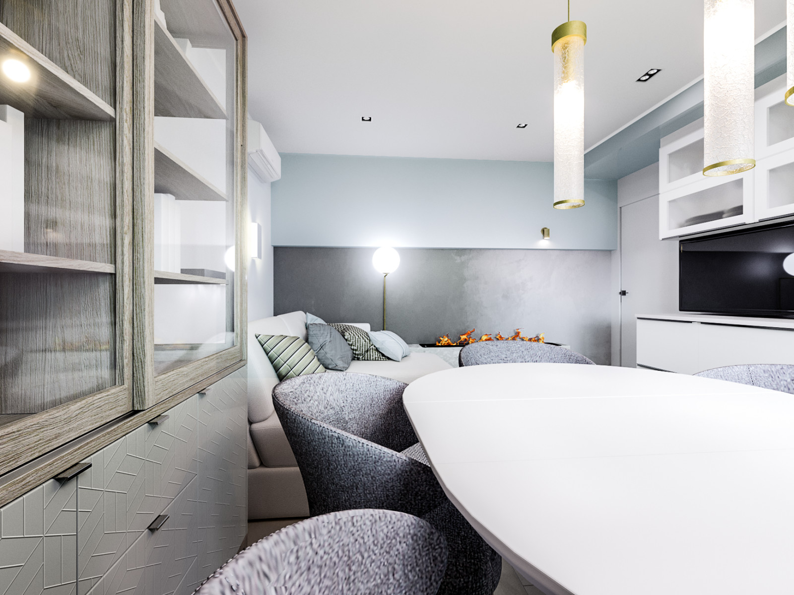 Soft-minimal кухня-гостиная с панорамным остеклением