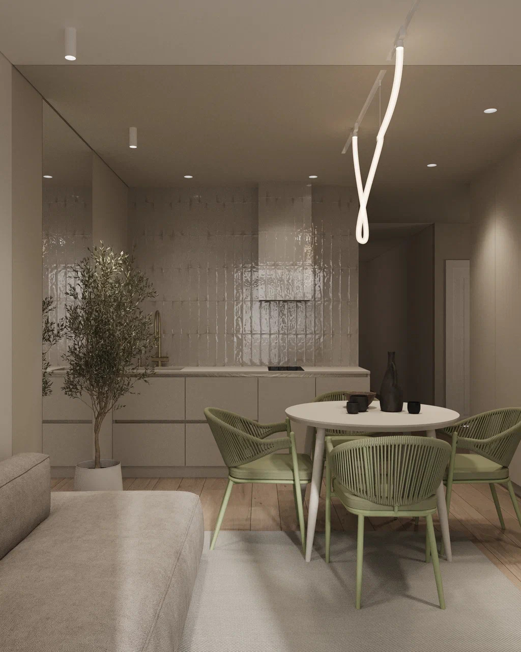 Дизайн кухни-гостиной с акцентным оливковым