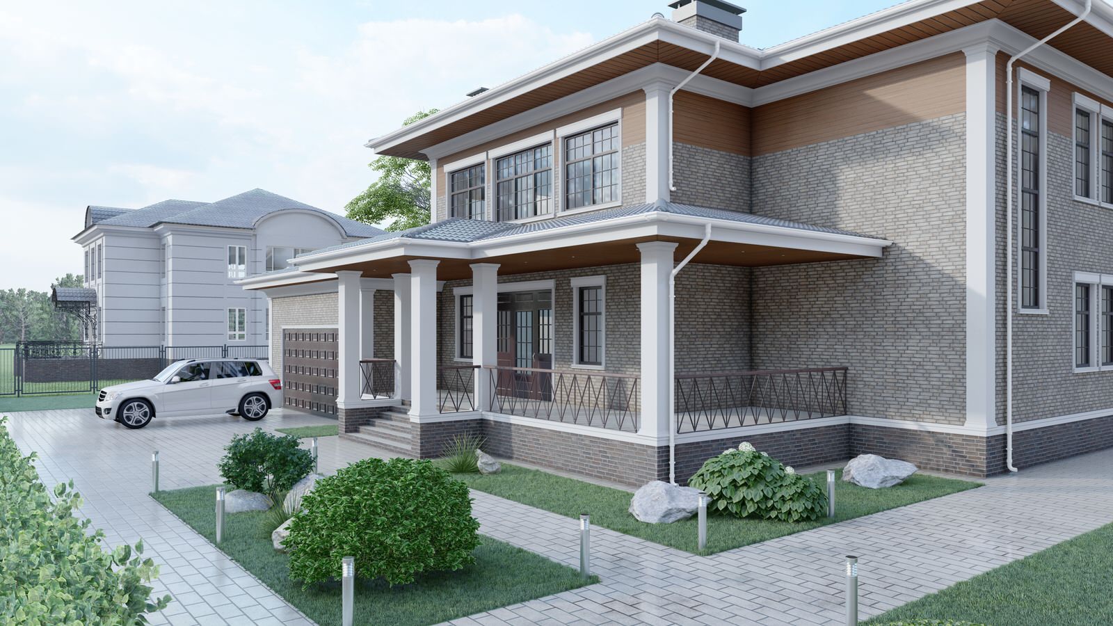 Дизайн фасадов загородного дома в Миллениум Парке в стиле Райта