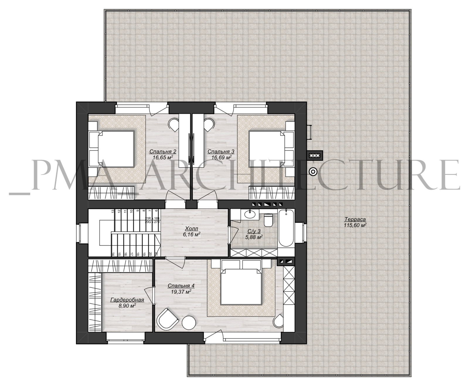 Двухэтажный дом с плоской кровлей