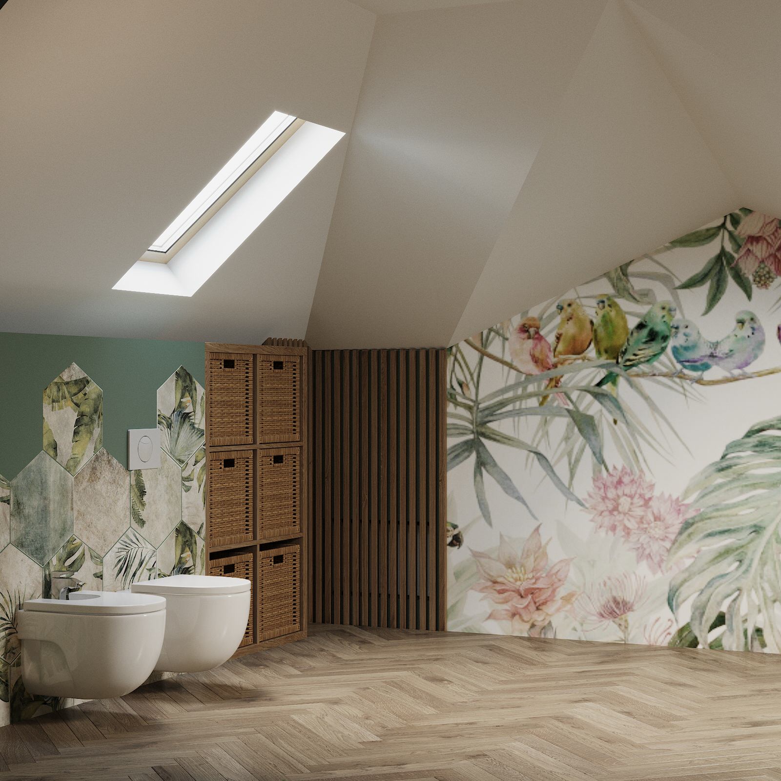 Санузел на мансарде в эко стиле.