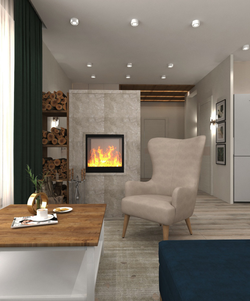 Обложка проекта: Дизайн кухни-гостиной с тропическими обоями