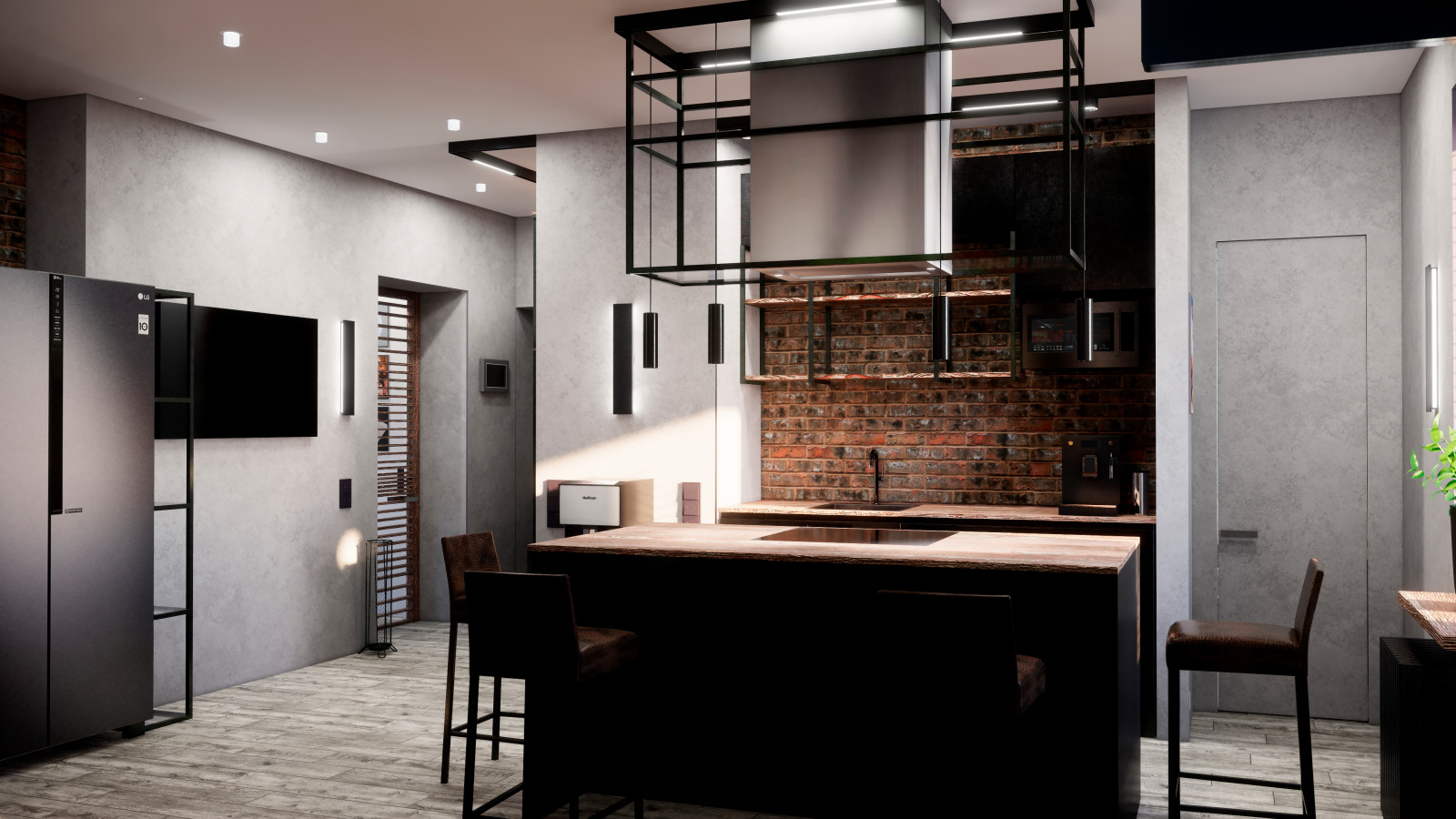 Квартира в Москве в стиле лофт, кухня, холл, санузел, кладовая. 2020 г.
