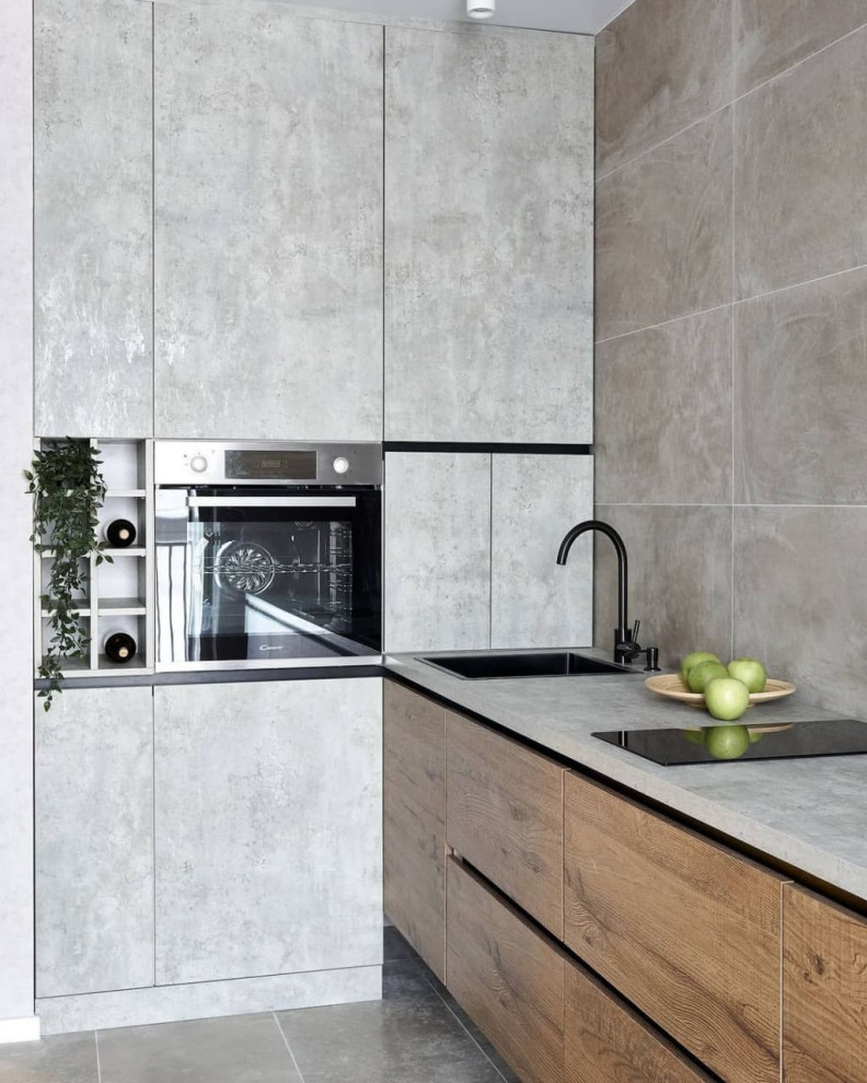 Дизайнерская навесная угловая кухня в стиле лофт