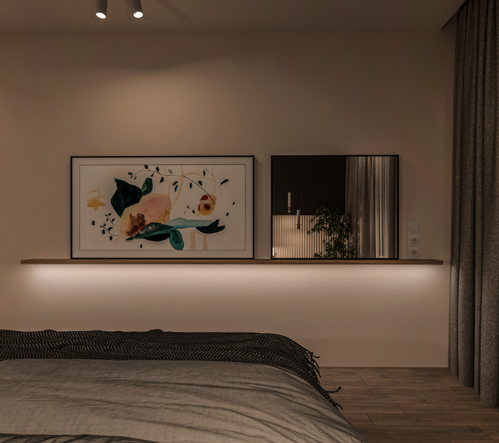 TV зона в спальне с подсветкой.