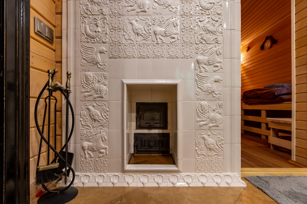 Облицовка банной печи, изразцы из коллекции "Русская этника"