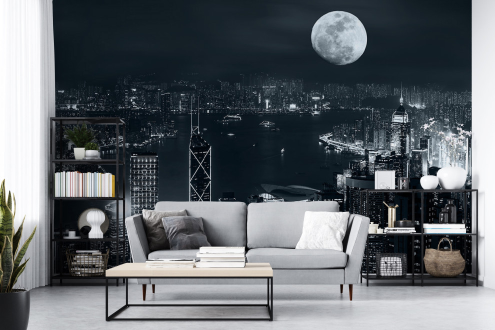 Панорама ночного города в оформлении гостиной